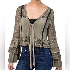 POL romantic lace bell sleeves bolero top chocolate brown ruffles